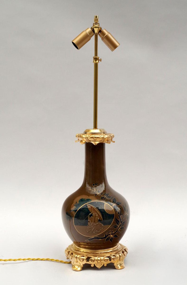 Paire de lampes en porcelaine japonisante brune et bleue, XIXe siècle - LS3521651