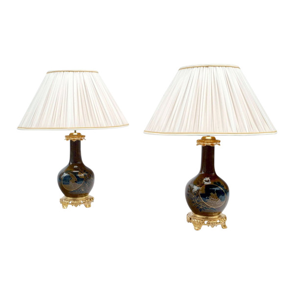 Paire de lampes en porcelaine japonisante brune et bleue, XIXe siècle - LS3521651