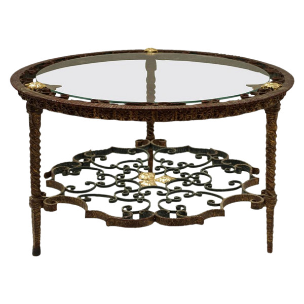 Circular Coffee Table In Wrought Iron And Gold Highlights, 1950s - LS2413461