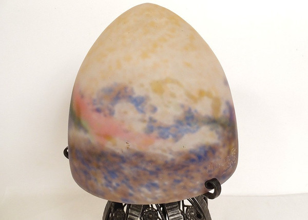 Kugellampe Muller Frères Obus Paste De Verre Schmiedeeisen Gehämmert Art Déco XX.