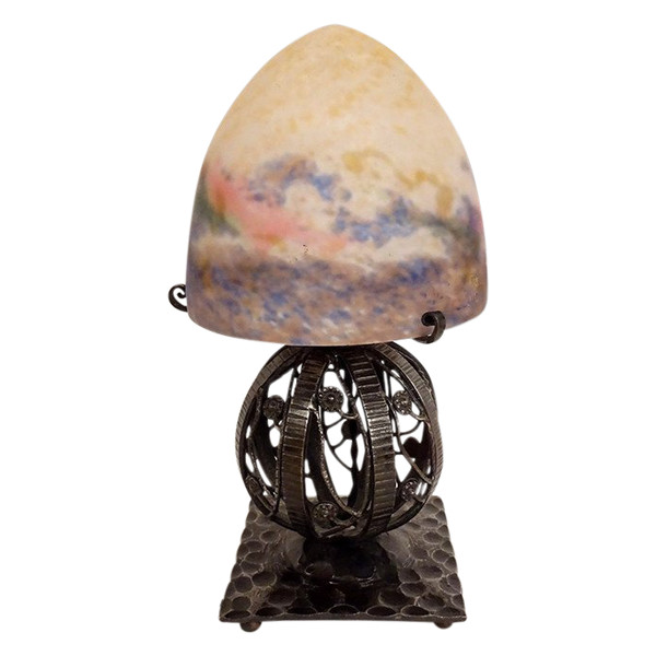 Kugellampe Muller Frères Obus Paste De Verre Schmiedeeisen Gehämmert Art Déco XX.