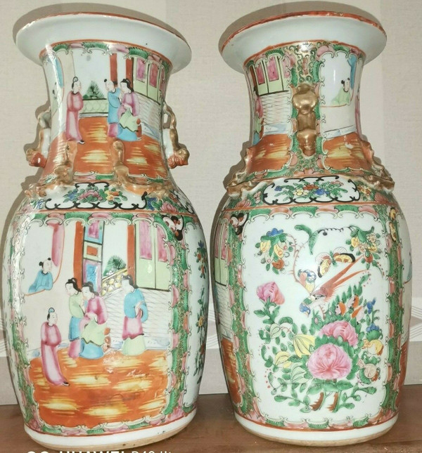 Pair of 19th century Chinese canton porcelain vases 34.5 cm high