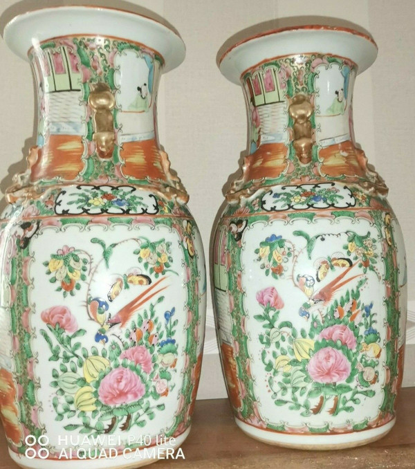 Pair of 19th century Chinese canton porcelain vases 34.5 cm high