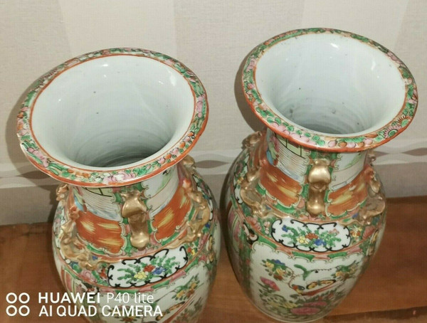 Pair of 19th century Chinese canton porcelain vases 34.5 cm high