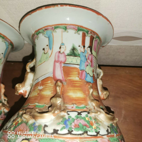 Pair of 19th century Chinese canton porcelain vases 34.5 cm high
