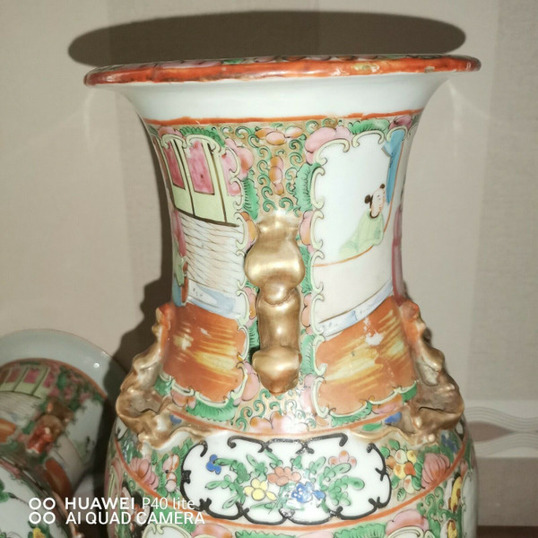 Pair of 19th century Chinese canton porcelain vases 34.5 cm high