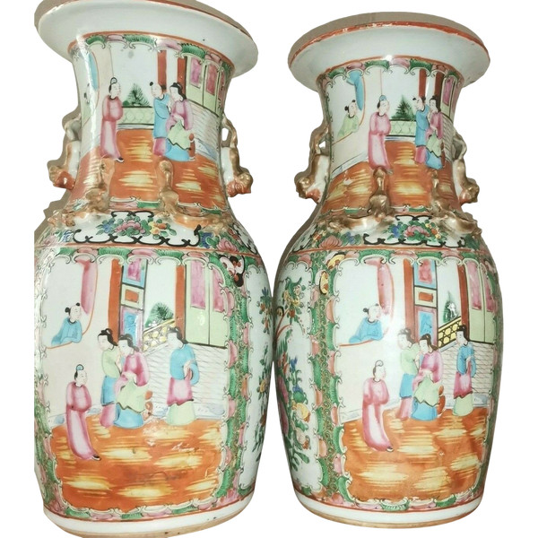 Pair of 19th century Chinese canton porcelain vases 34.5 cm high