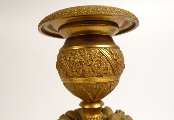 Paire Bougeoirs Flambeaux Bronze Doré Papillons Fleur Fruit Ier Empire XIXè