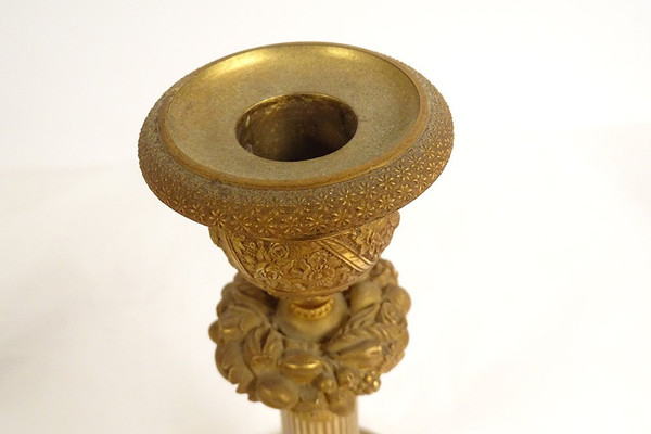 Paire Bougeoirs Flambeaux Bronze Doré Papillons Fleur Fruit Ier Empire XIXè