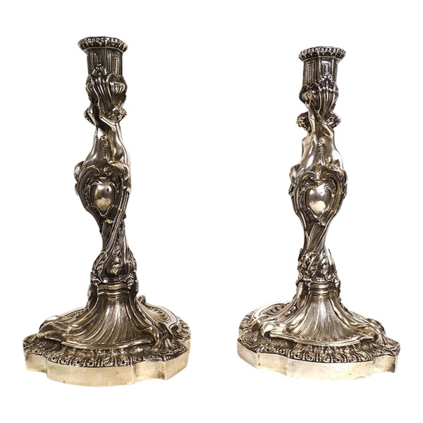 Pair of Louis XV candlesticks Flambeaux Rocaille Bronze ap. Meissonnier 19th c.