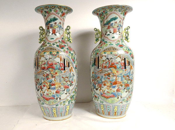 Pair of Large Chinese Porcelain Vases Tongzhi Horse Figures 19th century