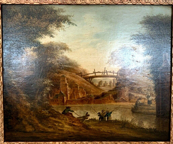Huile Sur Panneau De Chêne Paysage Animé XIX Siècle