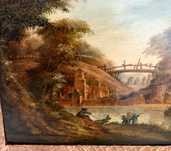 Huile Sur Panneau De Chêne Paysage Animé XIX Siècle