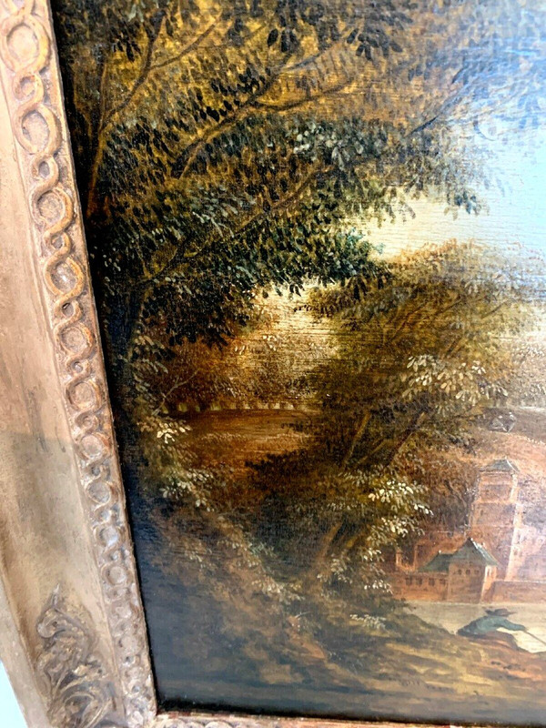Huile Sur Panneau De Chêne Paysage Animé XIX Siècle