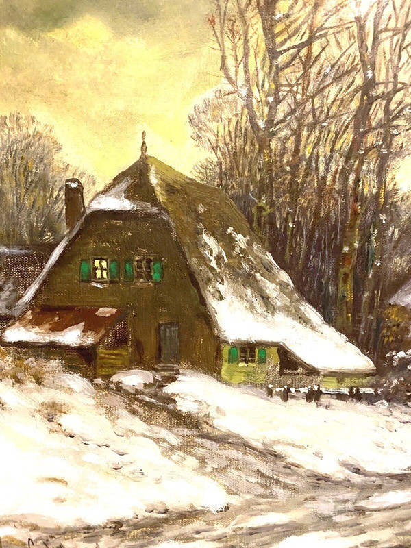 Oil On Canvas "snowy Village Animated With Characters" XX Century