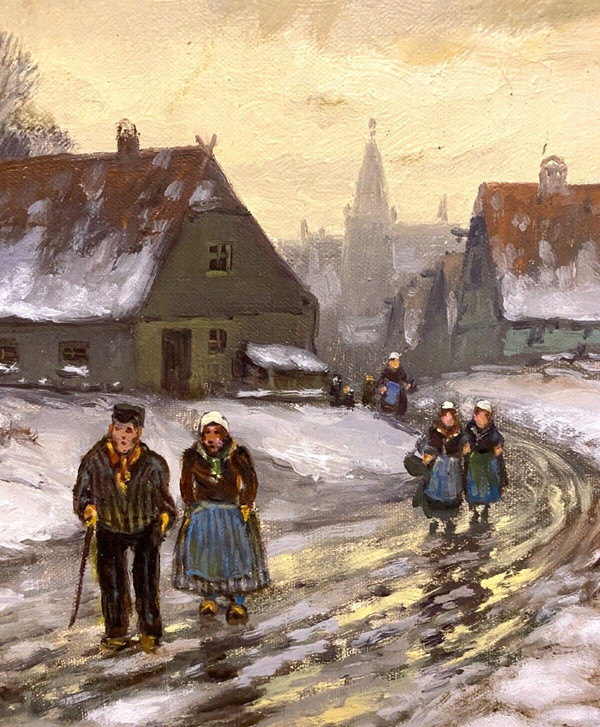 Oil On Canvas "snowy Village Animated With Characters" XX Century