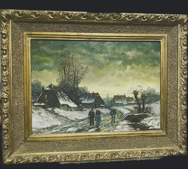 Oil On Canvas "snowy Village Animated With Characters" XX Century