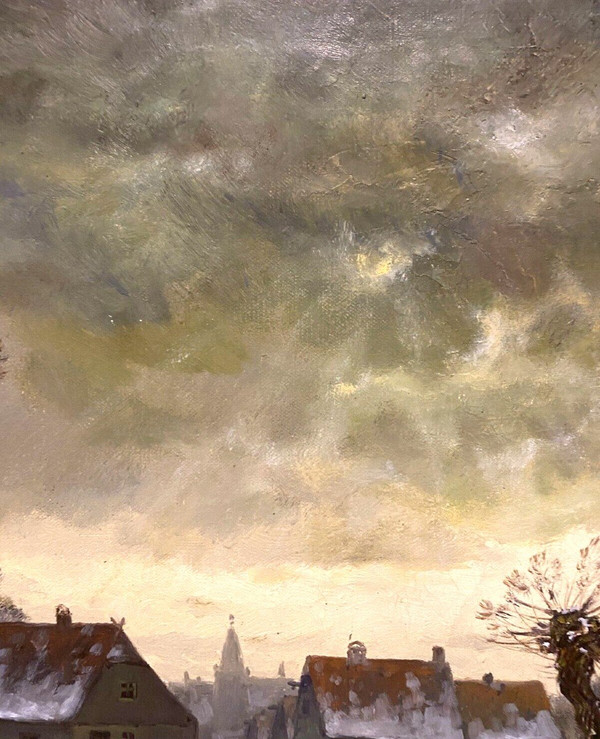 Oil On Canvas "snowy Village Animated With Characters" XX Century