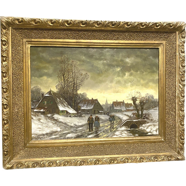 Oil On Canvas "snowy Village Animated With Characters" XX Century