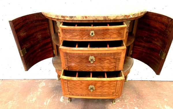 Commode En Demi Lune De Style Louis XVI Marqueterie A Fond De Cube XX Siècle