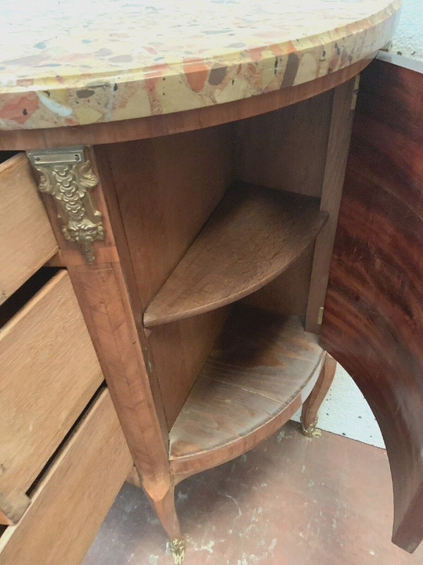 Commode En Demi Lune De Style Louis XVI Marqueterie A Fond De Cube XX Siècle