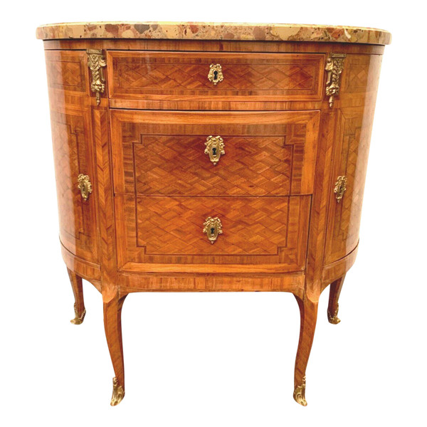 Commode En Demi Lune De Style Louis XVI Marqueterie A Fond De Cube XX Siècle