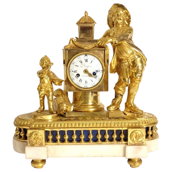 Clock Louis XVI Lanterne Magique Enfants Bronze Doré Marbre Roque XVIIIè