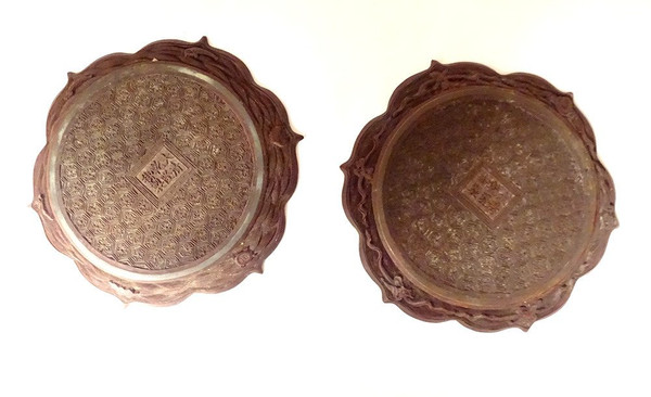 Paire Plats Laque Cinabre Chine Dragons Perle Signature Qianlong XIXème