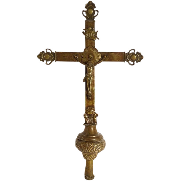 Croix de Procession Christ Crucifix Bronze Laiton Doré Vierge Marie XVIIè