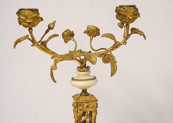 Pair of 2-light candlesticks Louis XVI Fleuri Bronze Doré Cristal Marbre XIXème