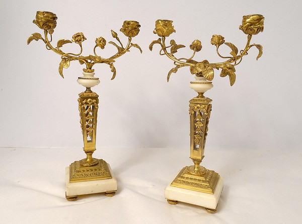 Pair of 2-light candlesticks Louis XVI Fleuri Bronze Doré Cristal Marbre XIXème