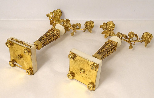 Pair of 2-light candlesticks Louis XVI Fleuri Bronze Doré Cristal Marbre XIXème