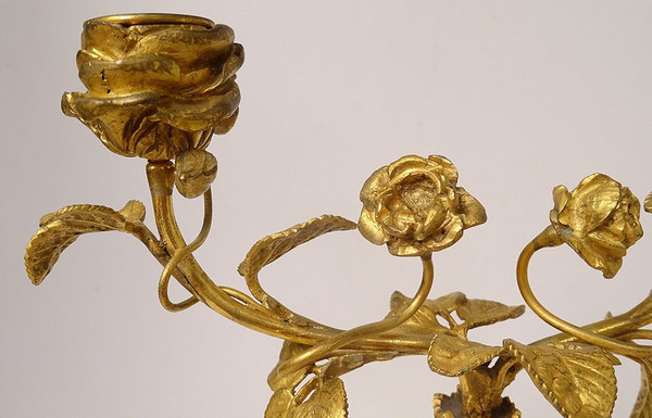 Pair of 2-light candlesticks Louis XVI Fleuri Bronze Doré Cristal Marbre XIXème