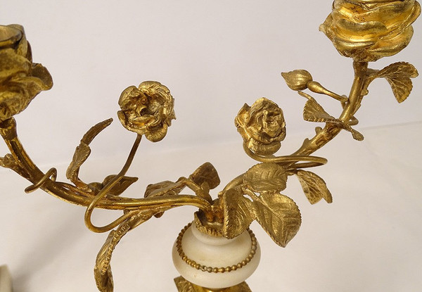 Pair of 2-light candlesticks Louis XVI Fleuri Bronze Doré Cristal Marbre XIXème