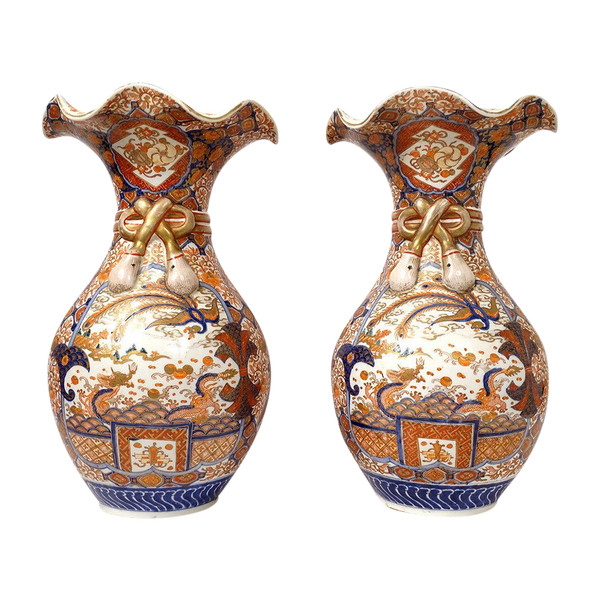 Coppia di grandi vasi di porcellana Imari Giappone Drago Fenice Doratura XIX secolo