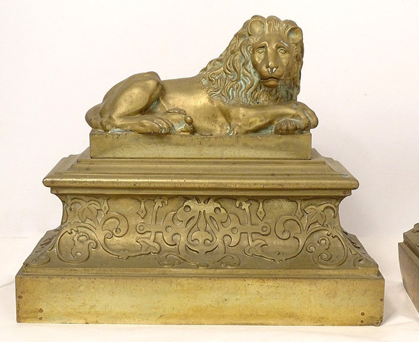 Pair of gilt bronze Chenets Lions Couchés Château Neuilly Restoration 19th century