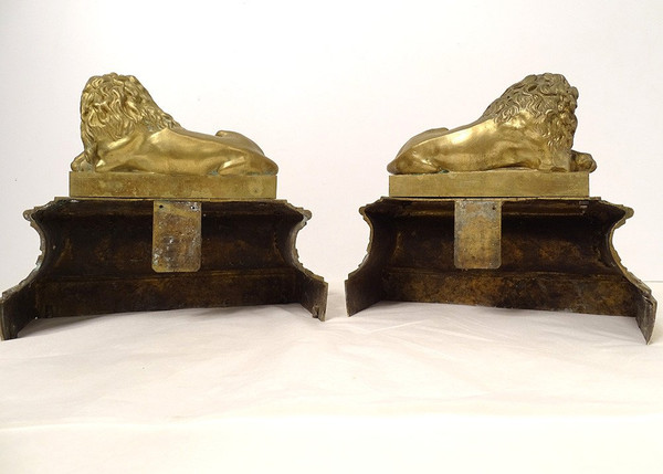 Pair of gilt bronze Chenets Lions Couchés Château Neuilly Restoration 19th century