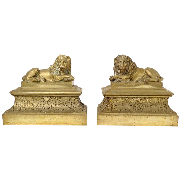 Pair of gilt bronze Chenets Lions Couchés Château Neuilly Restoration 19th century