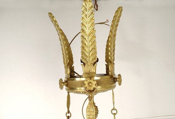 Empire 6-light gilt bronze chandelier Renommée Victoire Ailée Cygnes 19th century
