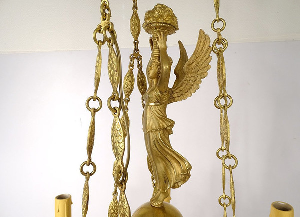 Empire 6-light gilt bronze chandelier Renommée Victoire Ailée Cygnes 19th century