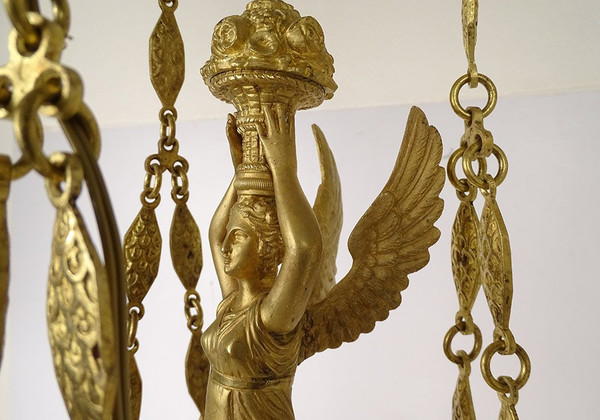 Empire 6-light gilt bronze chandelier Renommée Victoire Ailée Cygnes 19th century