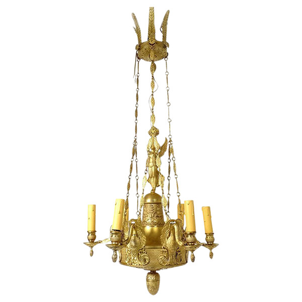 Empire 6-light gilt bronze chandelier Renommée Victoire Ailée Cygnes 19th century