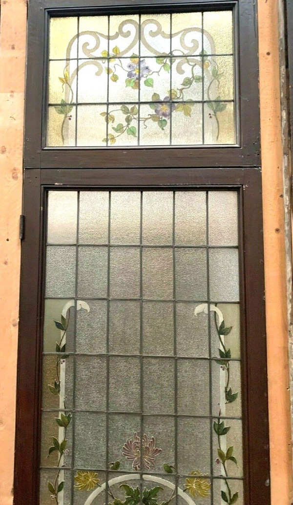 Door And Transom In Art Deco Stained Glass Early 20th Century Floral Decor