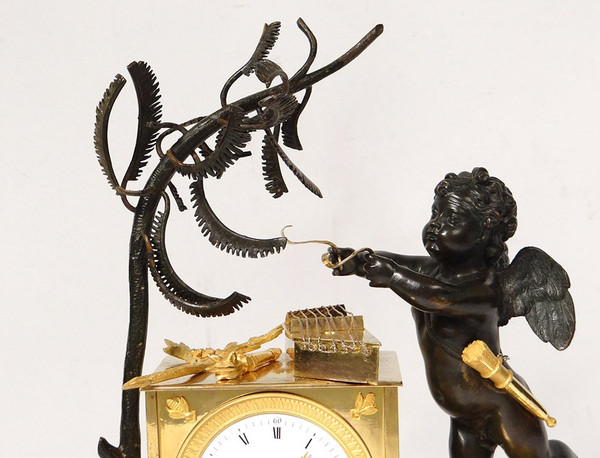 Pendulum Bronze Cherub Amour Mucisien Zither Globe I Empire XIXth