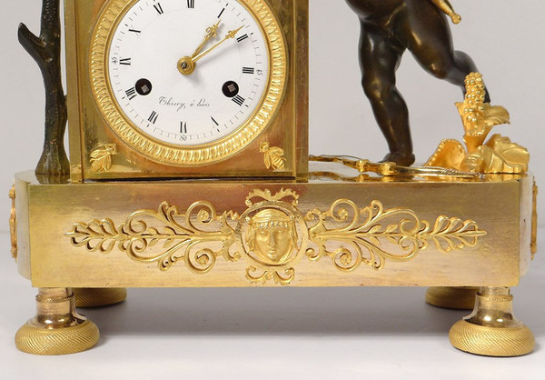 Pendulum Bronze Cherub Amour Mucisien Zither Globe I Empire XIXth