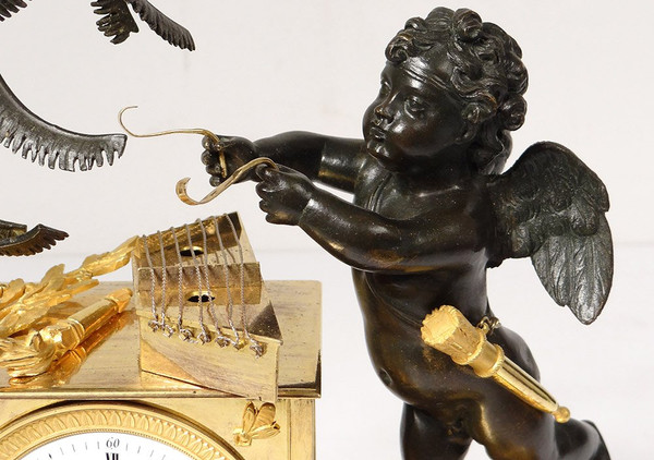 Pendulum Bronze Cherub Amour Mucisien Zither Globe I Empire XIXth