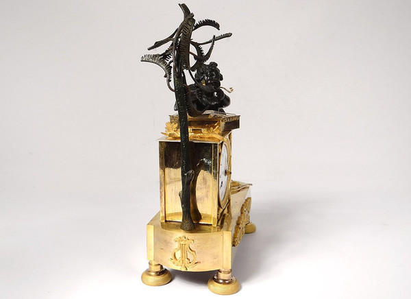 Pendulum Bronze Cherub Amour Mucisien Zither Globe I Empire XIXth