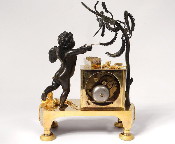 Pendulum Bronze Cherub Amour Mucisien Zither Globe I Empire XIXth
