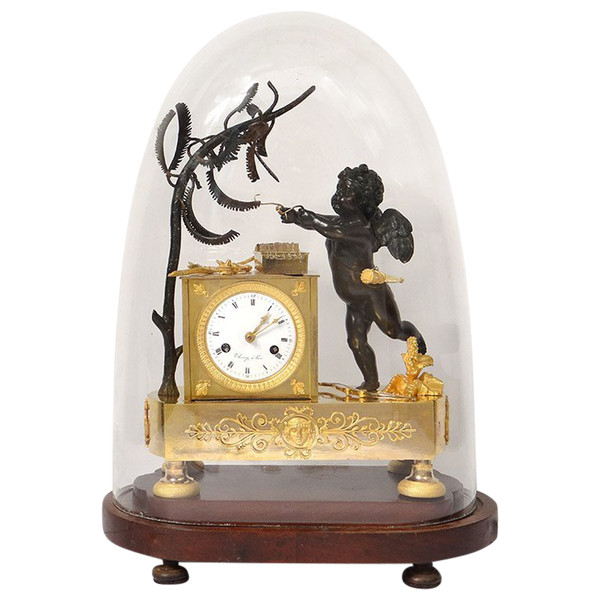 Pendulum Bronze Cherub Amour Mucisien Zither Globe I Empire XIXth