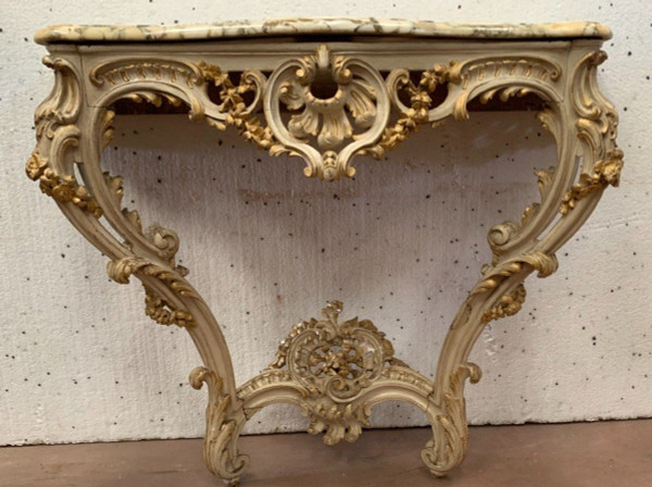 Louis XV Style Carved Console In Painted And Gilded Wood XX Century
